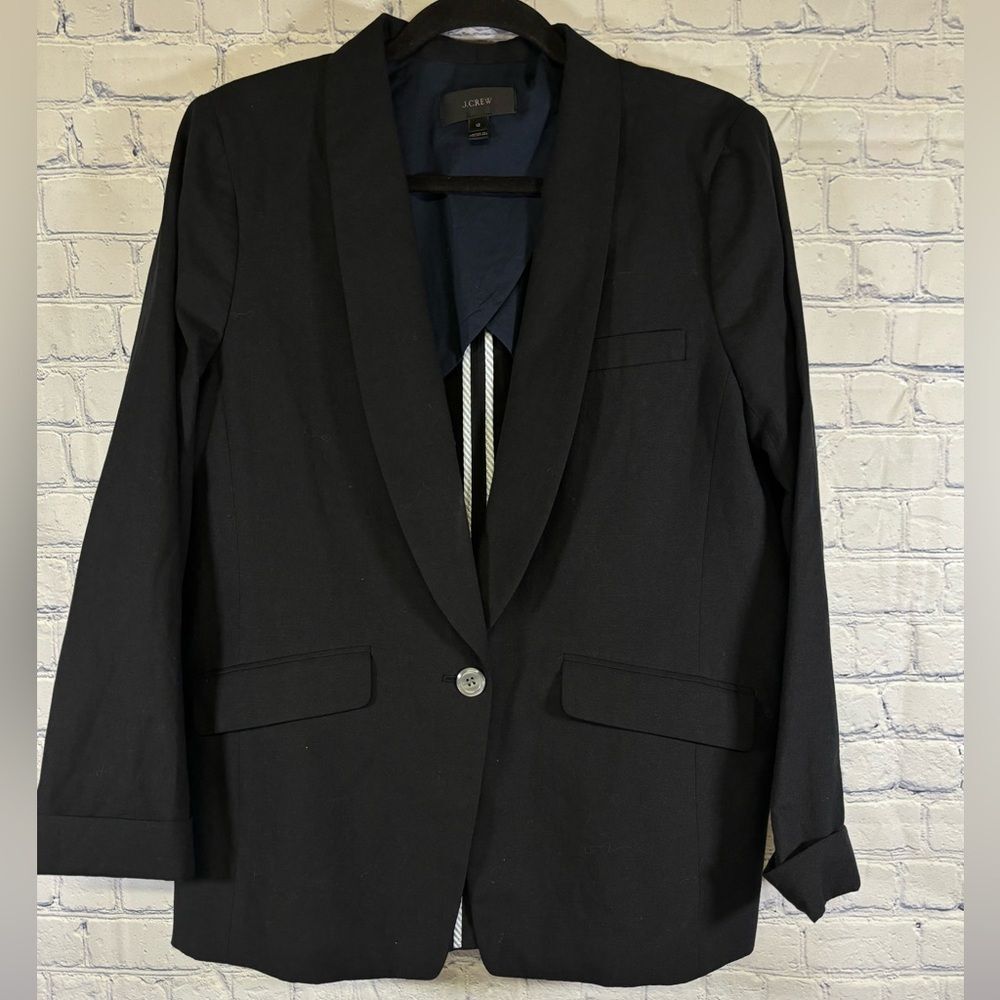 J Crew Black Classic Preppy Career Cotton Linen Blend One Button Boxy Blazer 12